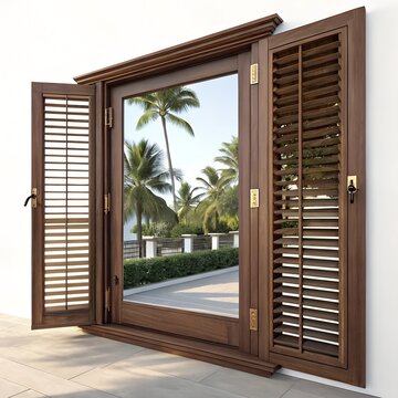 Traditional Hawaiian Koa Wood Louvered Window with Brass Hinges, Jalousie Style, Isolated on White Background
