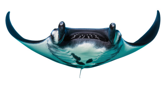 Giant Manta Ray swimming underwater with wide open mouth