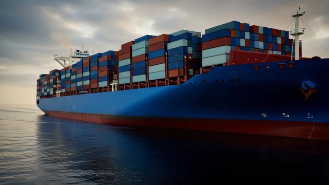 Container Ship at Sea: A massive container ship, laden with cargo, sails across the calm ocean under a dramatic sky, symbolizing global trade and logistics.