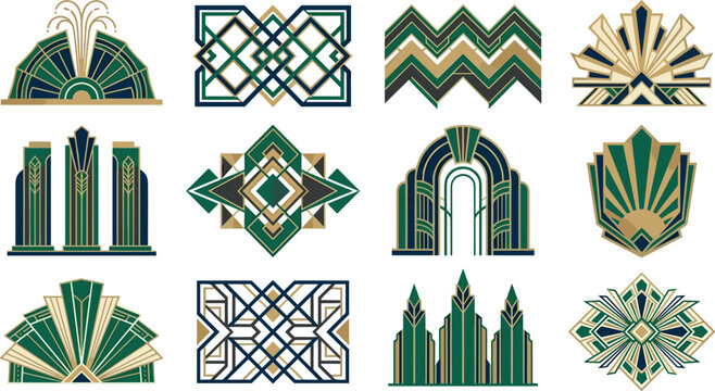 Vintage Art Deco Geometric Ornament Vector Set with Elegant Golden Fan Pillars Archway Fountain Chevron Borders and Luxury Symmetry Frame Icons