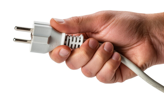 Hand holding white European Schuko power plug with cable