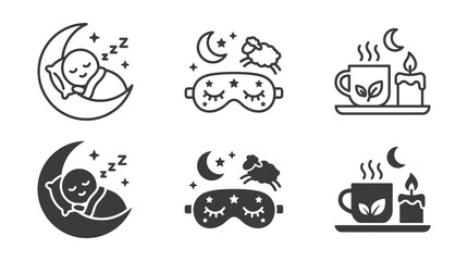 Fototapeta premium Bedtime and sleep related icons with smiling moon and stars sleeping illustration relaxation peaceful monochrome