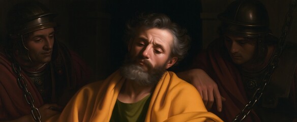 Obraz premium Inside a dark ancient prison, Saint Peter sits chained as Roman guards stand watch during a divine rescue.