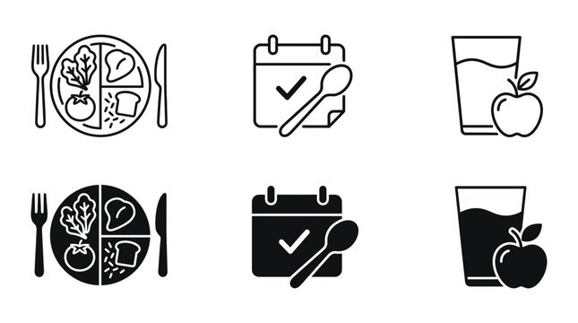 Healthy eating schedule and daily nutrition tracking icon set with nutrition schedule calendar tracking planning