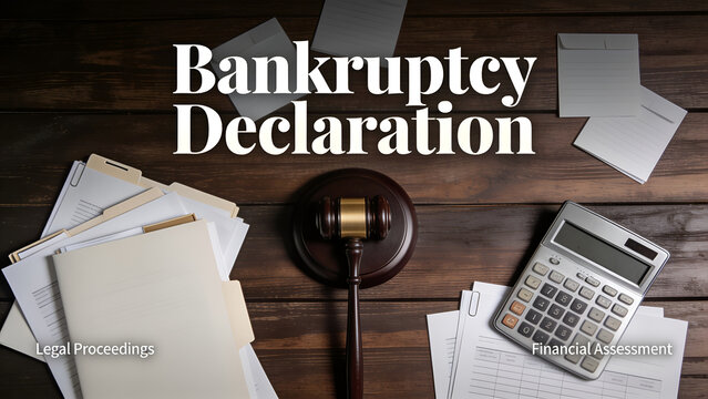 Declare bankruptcy concept. Judge gavel, financial documents, calculator on dark wooden background top view space for text