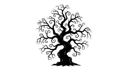 Gnarled Silhouette Tree: An eerie, silhouetted ancient tree with twisted branches and a thick trunk stands starkly against a white background, evoking a sense of mystery and the macabre. © mahmuda428
