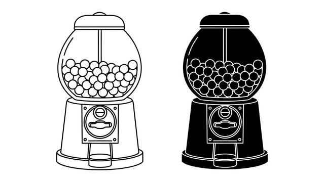 Retro Gumball Machine Duo: A classic gumball machine in both outline and solid black versions, filled with round candies, evokes nostalgia and playful fun.