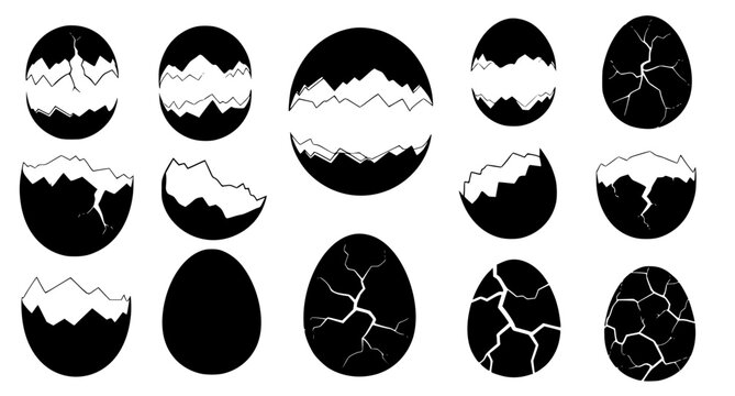Collection of cracked egg shell silhouettes in various stages of breakage for nature and new life concepts as vector graphic elements isolated on white background for creative design work