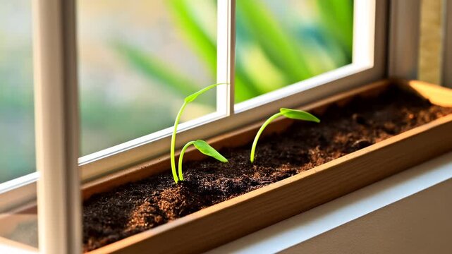 Wooden planter box filled with soil on a bright windowsill