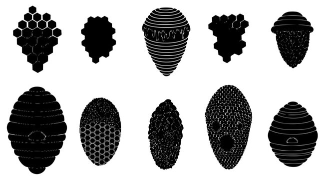 Set of beehive and honeycomb structures in black silhouette style for agriculture and nature themed design projects isolated on white background as a professional vector illustration graphic