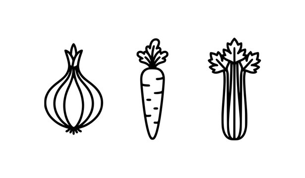 Onion carrot and celery vegetable icons simple line art set