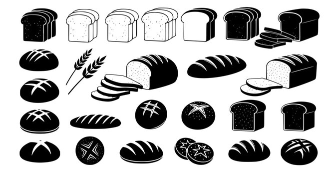 Selection of artisanal bread loafs and sliced bread varieties isolated on white background for bakery branding and food industry menus featuring classic sourdough and baguette silhouettes