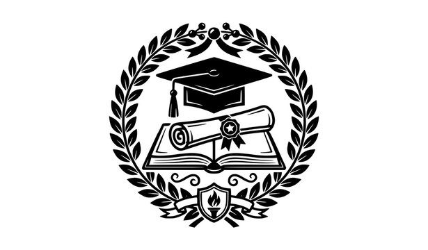 Graduation cap diploma and laurel wreath education emblem vector illustration