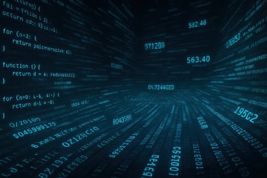 Glowing Digital Code and Data Stream on Dark Screen Background