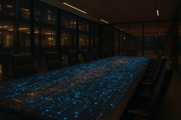 Naklejka premium Futuristic Meeting Room with Glowing Circuit Board Table