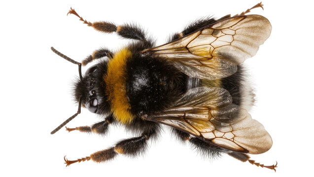 Close-up of a fuzzy bumblebee with black and yellow stripes and translucent wings