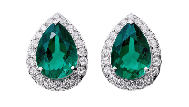 Pear-shaped emerald and diamond halo stud earrings