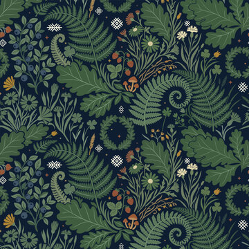 Magical Ligo festival seamless pattern with fern branches, oak leaves, forest herbs and wild berries on dark background. Midsummer night vector background, summer solstice folklore illustration