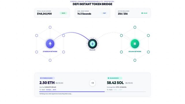 Linked blockchain
nodes animate a
successful token move
from one chain to
another, ending in a
confirmed swap state.