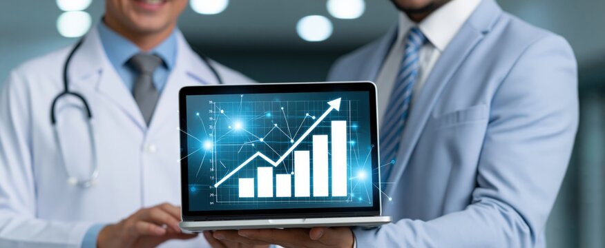 Doctor and businessman evaluating innovative healthcare business growth metrics on a sleek laptop