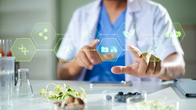 A researcher uses a smartphone to analyze food nutrition and biological data with a futuristic digital interface.