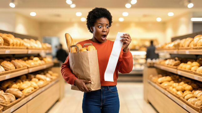 African American woman in red sweater holds a paper bag filled with bread and a long receipt, displaying surprise in a bakery with shelves of bread in the background