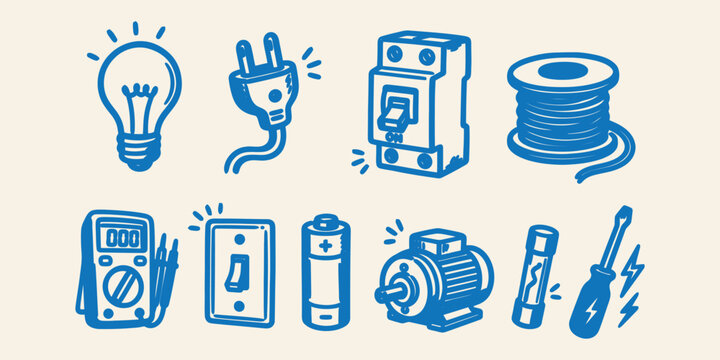 Electrical component and repair tool doodle icon set with lightbulb plug circuit breaker switch battery and multimeter vector illustration