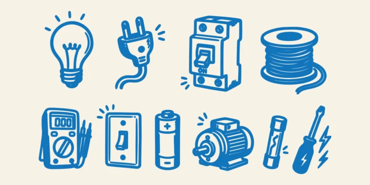Electrical component and repair tool doodle icon set with lightbulb plug circuit breaker switch battery and multimeter vector illustration