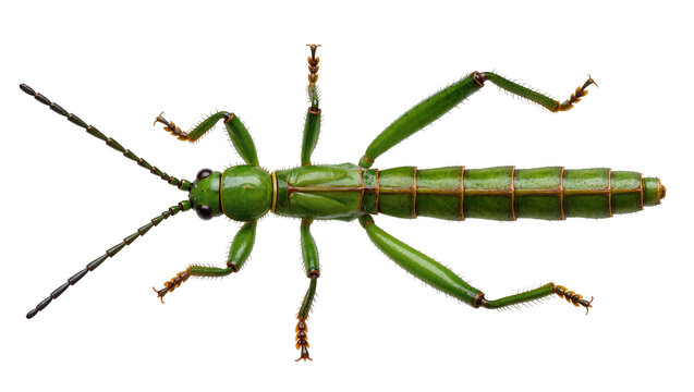 Green stick insect with segmented body and long antennae