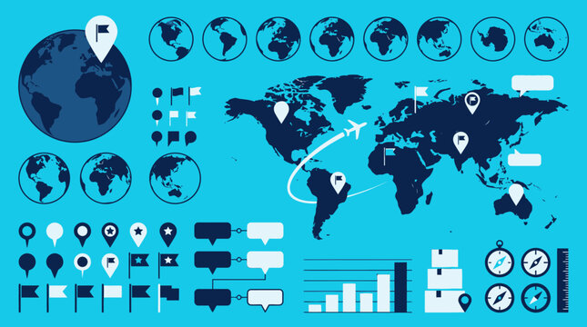 Global Logistics Infographic Elements featuring world map with flight paths, globes, and location pins ideal for international business and shipping logistics marketing.