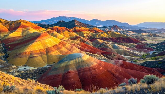 Painted Hills landscape bathed in the warm glow of sunset.