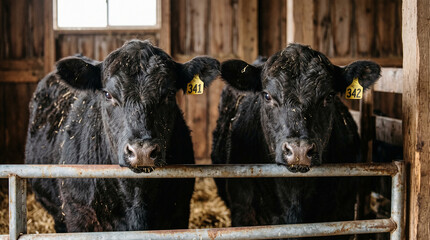 Two black cows with yellow ear tags standing behind a metal gate in a barn © fawzy