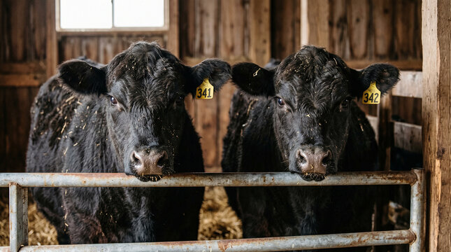 Two black cows with yellow ear tags standing behind a metal gate in a barn