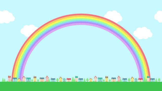虹の空と街並みの風景、雨上がりや梅雨のイメージ