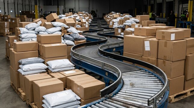 Returned parcel buildup beside conveyor in warehouse receiving dock