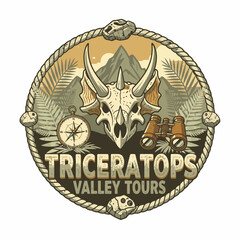 Rugged exploration emblem for outdoor tourism and wildlife tours, featuring a detailed fossil illustration. © Aroma