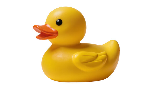 Yellow rubber duck toy with orange beak and black eye