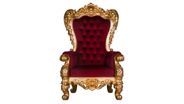 Ornate red velvet throne chair with gold carved details