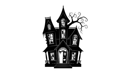 Fototapeta premium Spooky Haunted House Silhouette: An eerie silhouette of a gothic haunted house looms against a dark, shadowy backdrop, with gnarled trees and broken windows adding to its chilling atmosphere.