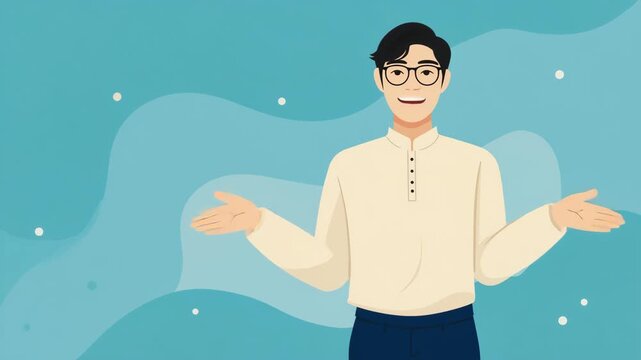 Friendly Flat Illustration of Smiling Man with Glasses Gesturing, Explainer Character on Abstract Blue Background