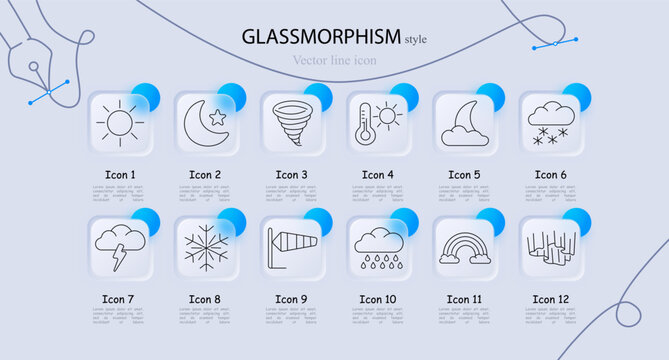 Weather set icon. Line icons with sun shape, moon star, spiral storm, thermometer scale, cloud moon, snow cloud, thunder cloud, snowflake form, windsock pole, rain cloud, rainbow arc, aurora waves