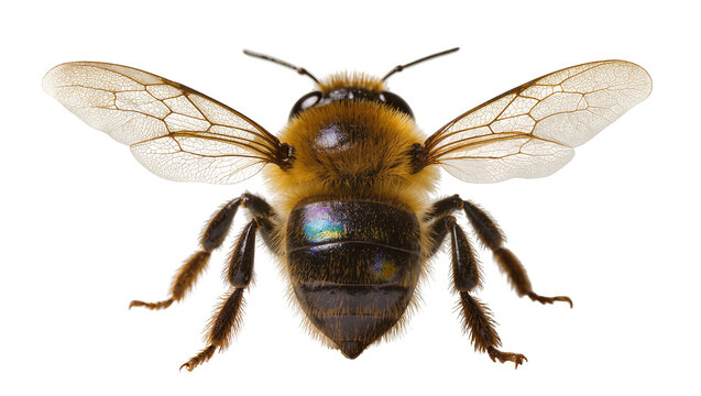 Detailed macro view of a fuzzy bee with iridescent abdomen and wings