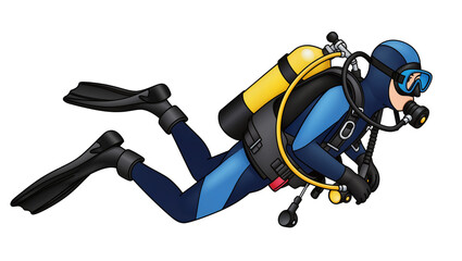 Scuba diver in blue wetsuit with yellow oxygen tank and black fins © Jonas