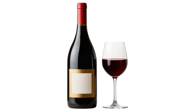 Dark red wine in bottle and glass with gold label