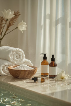 Elegant Luxury Spa Setup with Facial Serum Oil Bottles, Towels and Natural Stones Prepared for Treatment