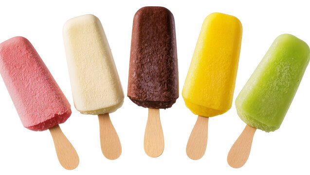 Assorted fruit and chocolate ice pops on wooden sticks