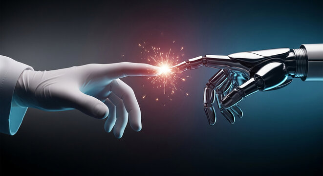 Close-up of a gloved human finger touching a robotic hand, creating sparks and light, symbolizing the intersection of humanity and technology, innovation, and future possibilities