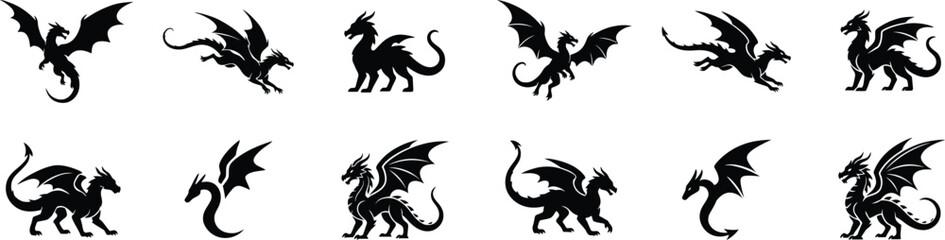 Obraz premium Set of black dragon silhouettes in various poses mythical creature icons isolated on transparent background.