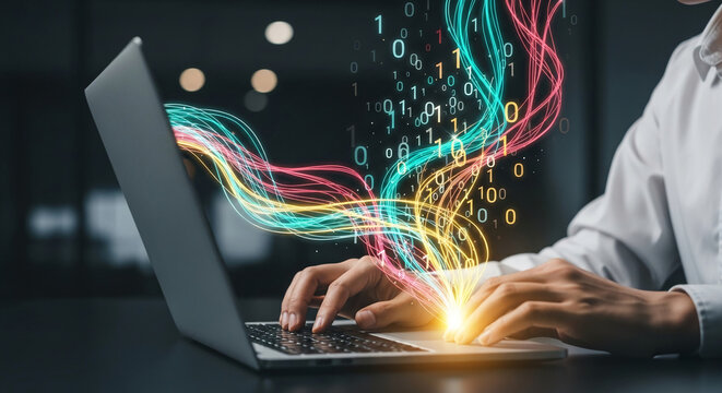Abstract data visualization from a laptop, showing glowing binary code and light streaks, symbolizing digital information flow and connectivity