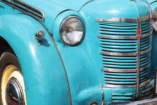 Tula, Russia - 12 June 2026: Headlight and front detail of vintage Moskvich 401 automobile